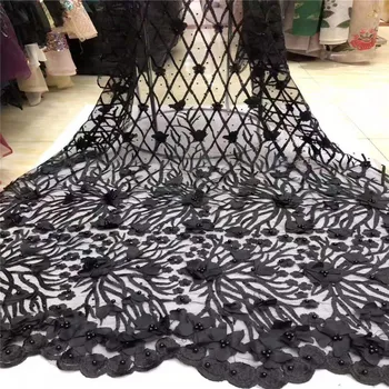 

Black african lace fabric 2019 high quality lace french mesh fabric beaded stones nigerian swiss lace fabric for dress