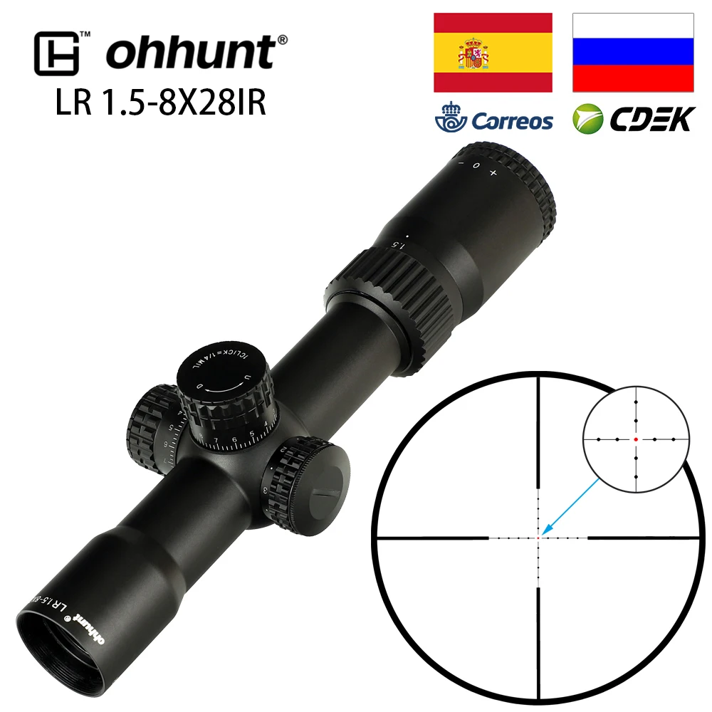 Goedkoop Ohhunt LR 1.5 8X28 IR Compact Hunting Scope Mil Dot Glas Geëtst Reticle Rode Verlichting Torentjes Lock reset Tactical Riflescope