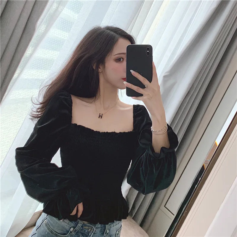

Autumn Winter New Style Women Velvet Sexy Two-Wear Square NeckLine Collar OL Shirt Top