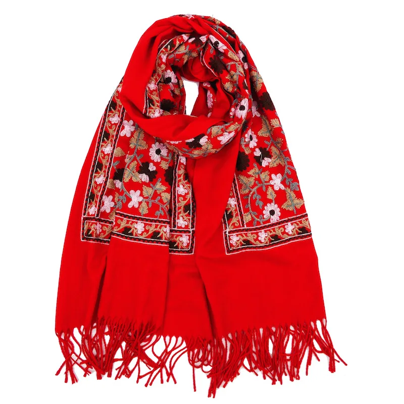 Роскошный брендовый толстый зимний шарф для женщин, теплый кашемировый шарф гинкго с цветочной вышивкой, шалевая накидка с бахромой в виде кисточек, одеяло, хиджаб, шарф из пашмины