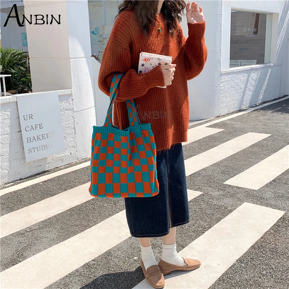 Knitted Checkerboard Bag For Women Canvas Tote Shoulder Bags Retro Weave  Plaid Handbags Female Casual Travel Shopping School Bag