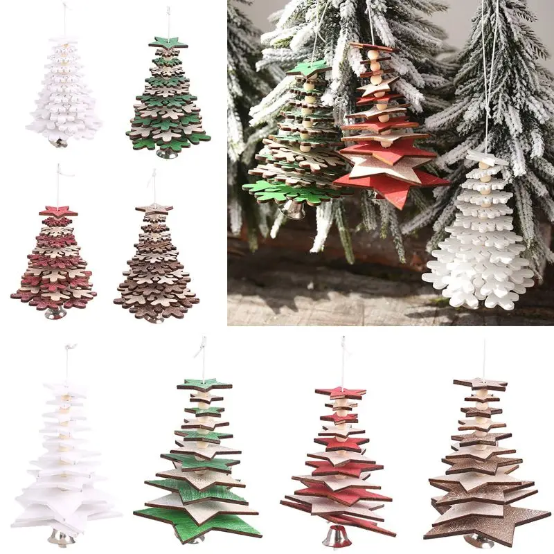 

1Pc Rotating Christmas Tree Hanging Ornament 3D Star Snowflake with Ring Bell Wooden Pendants Home Party Decoration Gift X4YD
