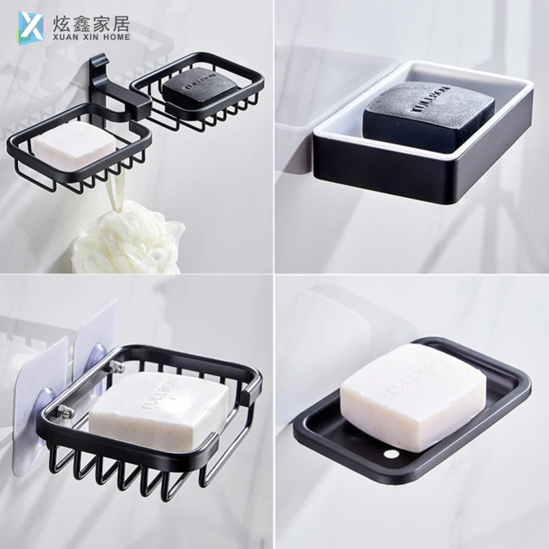 Bathroom Wall Mounted Soap Box Sucker Soap Shelf Black Space Aluminum Strong Non Marking Soap Box Bathroom Hardware Accessories