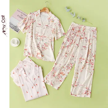 

2020 Autumn Women's Pajamas, Satin Printed Short-sleeved Multicolor Flower Homewear Casual Viscose Comfortable Plus Size Pajamas