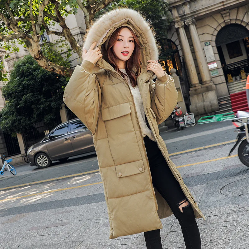 

Hooded Large Fur Collar Dual Pocket Long Slit Cotton-padded Clothes Warm Cotton Coat Korean-style Elegant Versatile Bat Sleeve L