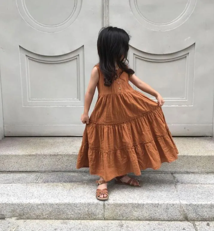 Girls Dress Maxi Dress Princess Costume Kids Clothes Baby Girl Summer Solid Casual Dress Cotton Linen Sleeveless
