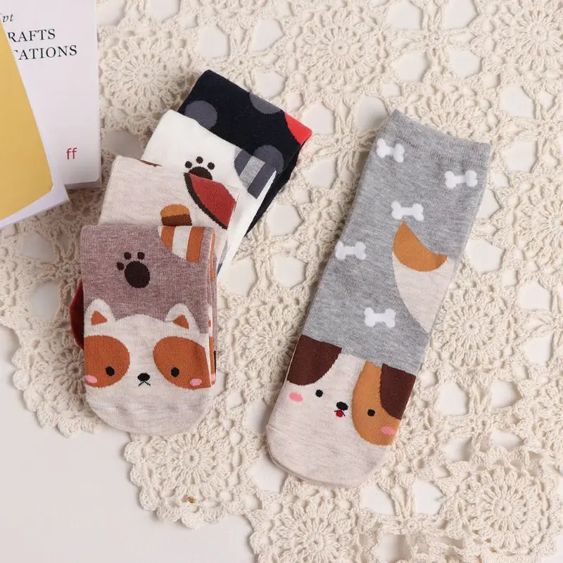 5 пар, женские кавайные прямые носки, милые Носки с рисунком собаки, кошки, белки, чулочно-носочные изделия M6CD