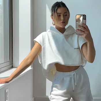 

Loose White Two Piece Set Women Sleeveless Letter Embroidery Hooded Crop Top Drawstring Biker Shorts 2 Piece Set Tracksuit