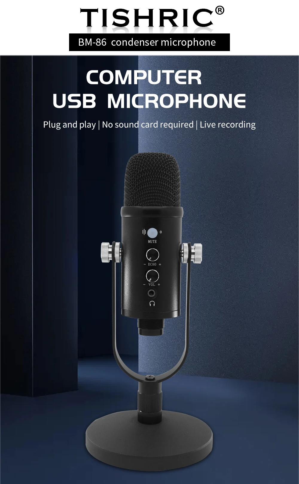 TISHRIC Professional Condenser Microphone with Bracket Live Desktop Microphone with Sound Card USB Karaoke Singing Microphone bluetooth microphone