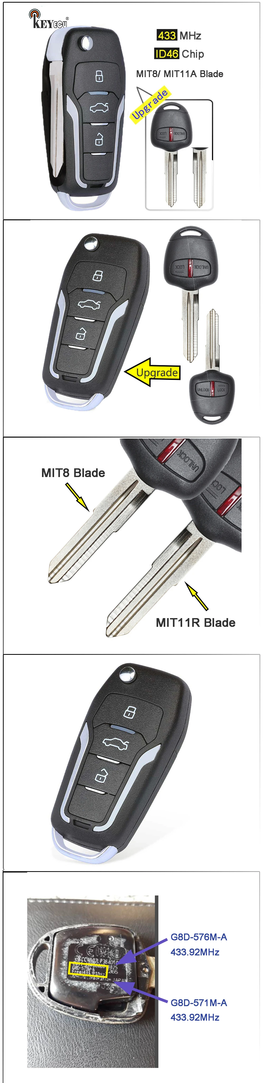 Keyforkess 433MHz ID46 aggiornato Flip 2 pulsanti telecomando portachiavi per Mitsubishi Pajero, Lancer e Outlander sinistra/MIT11R lama destra - H4ac2e7aaeb2d4685b273481d90788c9cc
