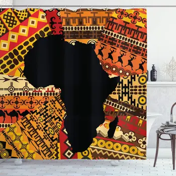 

African Shower Curtain Abstract Style Map on Carpet Background Illustration Bathroom Decor Set with Hooks 70" Long Orange Black