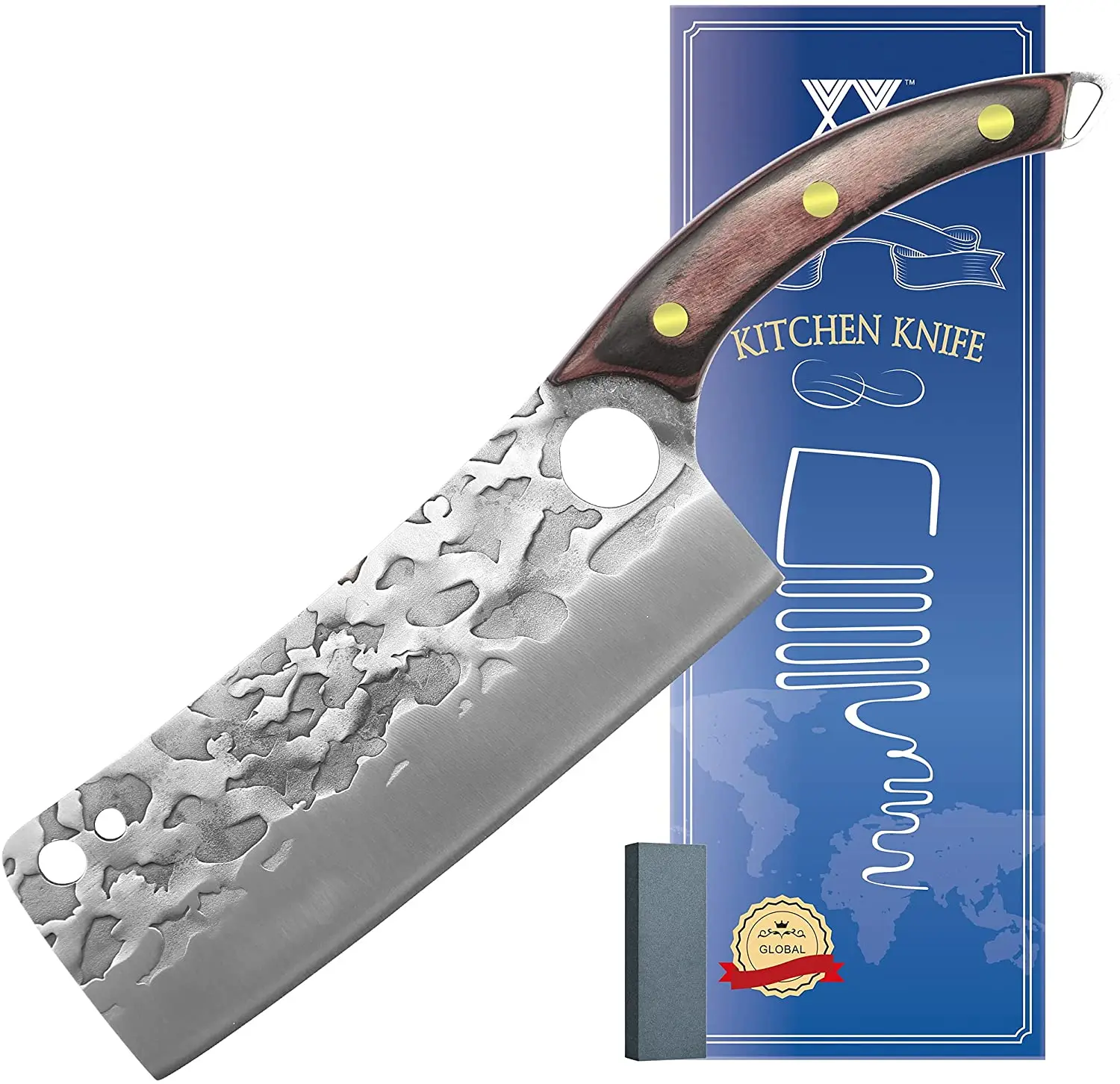 XYJ Full Tang Nakiri Vegetable Cleaver 7.5 Inch Chopping Knife Finger Hole Design Blade with Mini Whetstone | Дом и сад