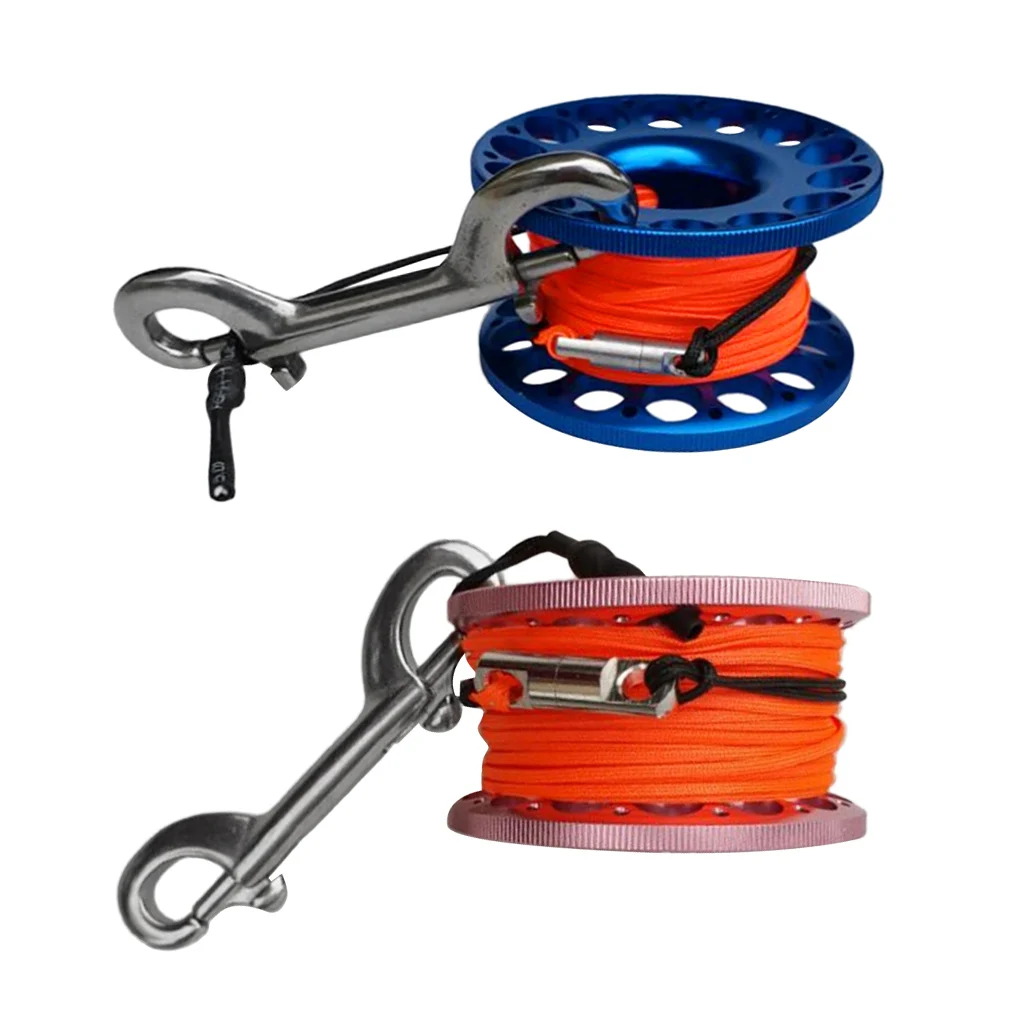 2x Aluminum Alloy Scuba Diving Diver Finger Spool Compact Reel, Bolt Snap, 15m Line Pink+Blue