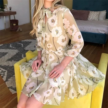 

Bandage Dress Women Elegant Print Dress Ladies Streetwear A Line Swing Floral Dresses Korean Fashion Halter Dresses 2020