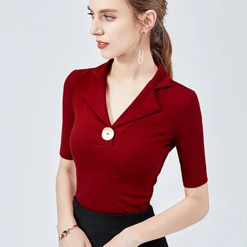 

Europe New Women Summer High Fashion Turn Down Collar With Button Short Sleeve T Shirt Tops Ladies Office Formal OL Shirt Tees