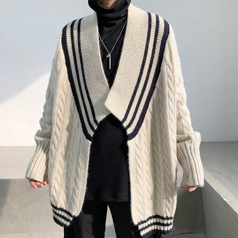 Вязаный шерстяной свитер, мужской кардиган с длинным рукавом, мужские свитера с v-образным вырезом, свободные однотонные свитера без пуговиц, Ретро стиль, повседневная одежда