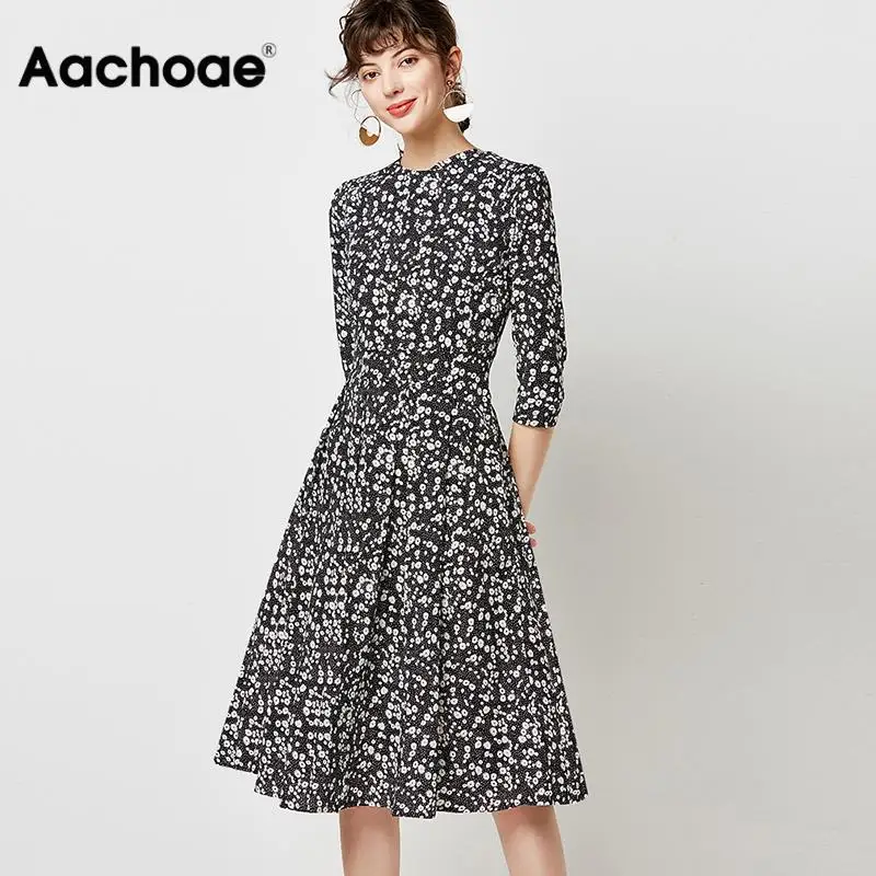 Aachoae Women Round Neck Casual Pleated Dress 2020 Vintage Floral Print Midi Dress Three Quarter Sleeve Ladies Tunic Dresses Aachoae Women Round Neck Casual Pleated Dress 2020 Vintage Floral Print Midi Dress Three Quarter Sleeve Ladies Tunic Dresses