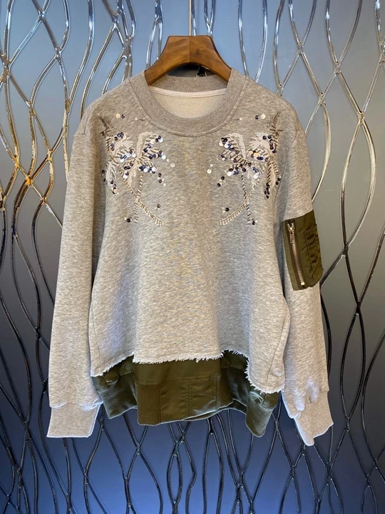 Early autumn new women's round collar irregular patchwork sequins decorative long-sleeved 100-jacket 1005