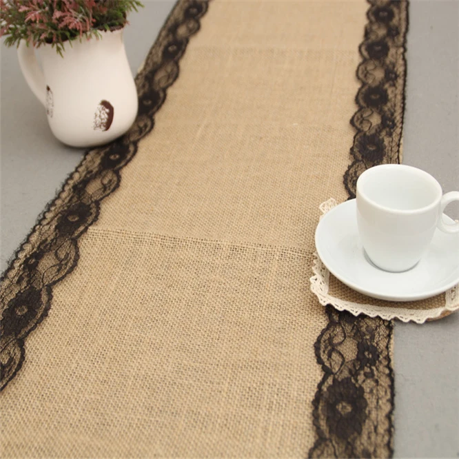 

Lace Rustic Wedding Linen Vintage Table Flag Tablecloth Burlap Table Runner Christmas Home Party Lace Burlap Table flag Decor