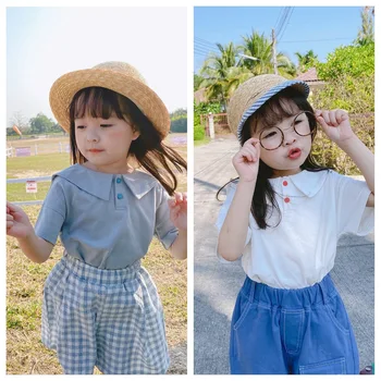 

Summer New Girls Korean Summer Short-Sleeved T-shirt Kids Leisure Clothes Tops Pure Color Baby Cotton Tshirts Outfit 1-6T