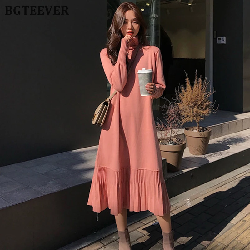 Cena Eleganckie luźne kobiet sweter sukienka 2019 jesień zima sukienka kobiet linii Ruffles dzianiny sukienka Femm luźny pulower Vestidos