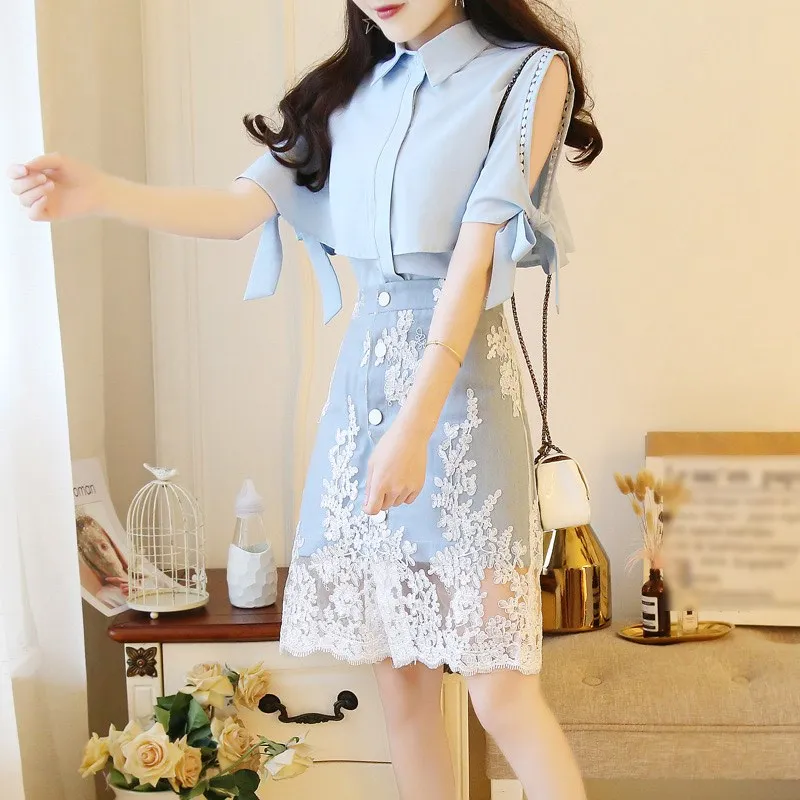 

2019 New Summer Women Skirts Set Sweet Ruffles Lace Up Bows Blouses Shirts And Denim Lace Embroidery Skirt Sets Clothing