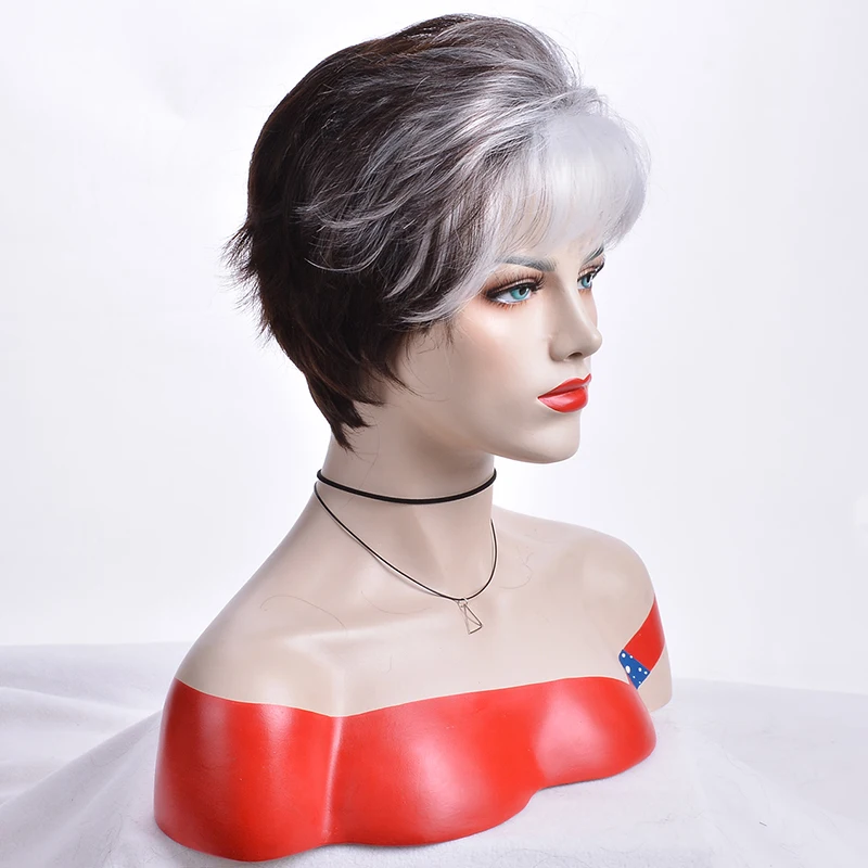 MSIWIGS Pixie Cut с выделениями женщин короткие прямые синтетические волосы парик 1" с серой челкой