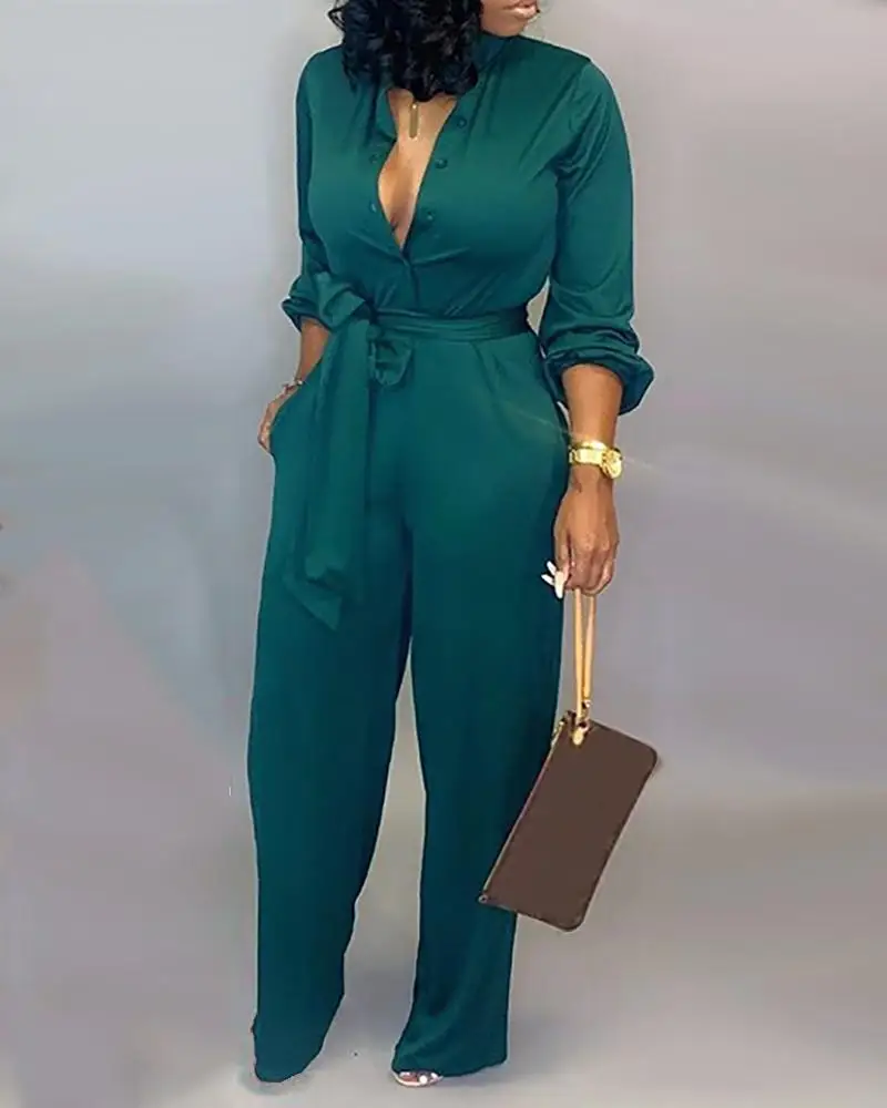 

Button Up Self Belted Pocket Jumpsuit For Women 2019 3XL Plus Size Solid Color White Rompers Womens Jumpsuit Casual Loose Romper
