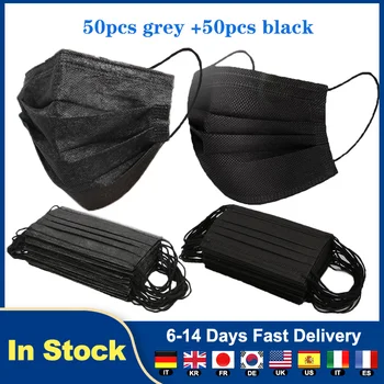 

50pcs Black and 50pcs Grey Face Masks Disposable 3 Layers Dustproof Mask Anti-Dust Disposable Mask 3-ply Non Woven Mask masken