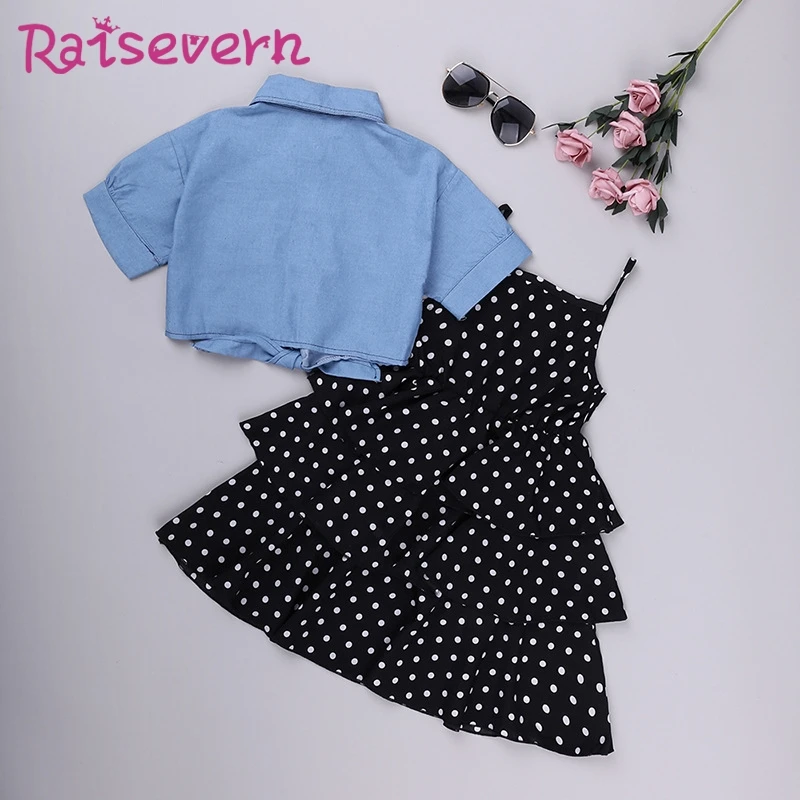 RAISEVERN/платье для девочек; костюмы; джинсовая куртка с короткими рукавами; платье на бретельках с принтом в горошек на бретельках; Весенний комплект одежды для детей