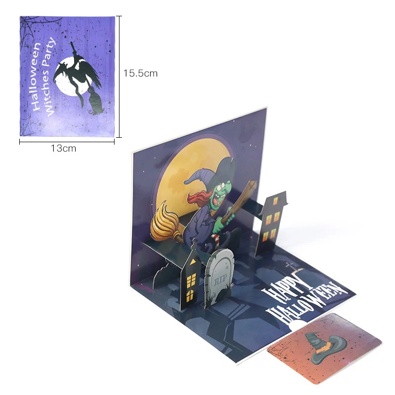  Flying evil witch 3D pop-up Halloween card trick or treat greeting card Halloween party invitation - 4000261296512