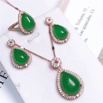 

2020 Classic Luxury 925 Sterling Silver Jewelry Sets For Women Natural Green Jade CZ Zircon Necklace Earrings Ring Jewelry New