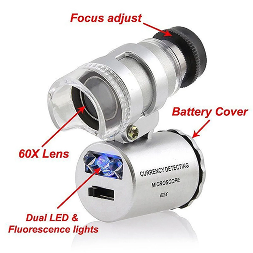 Microscopio De Bolsillo BiuZi 1Pc Interruptor giratorio Lupa Mini Microscopio Luz LED Portátil Mini 60X Microscopio de bolsillo 