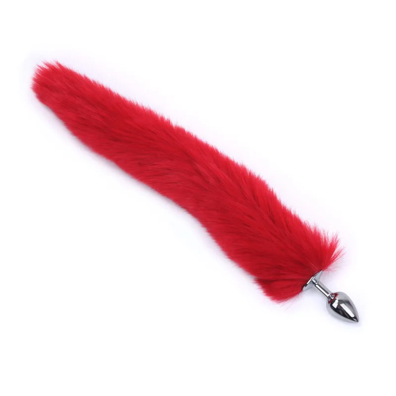 Unisex Metal Silver Anal Butt Plug with Red Fox Tail