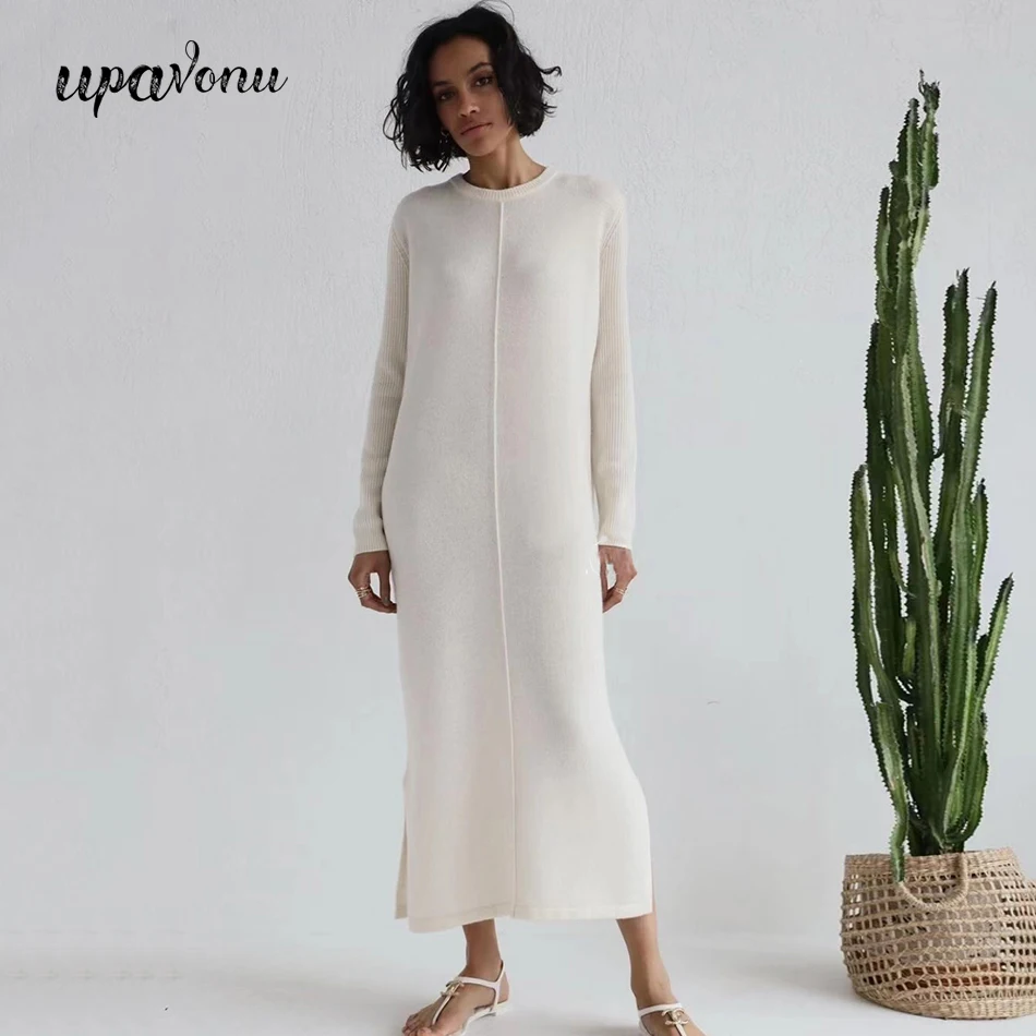 2024 Casual Midi Knit Dress Women's O-neck Long Sleeve Split Straight  Dresses 2023 New Autumn Pure Color Knit Vestidos - AliExpress