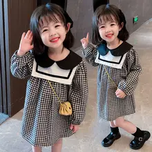 Autumn Winter Dresses New Child Girl Puff Sleeve French Square Collar Skirt And Large Girls Cotton Plaid Princess Dress 2021