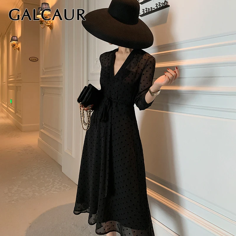 Женское Сетчатое платье в горошек GALCAUR винтажное средней длины с v-образным