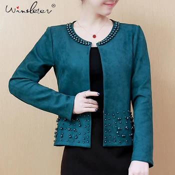 

S-4XL Plus Size Womens Suede Blazer Cardigans Spring Pearls Short Tops Long Sleeve O-neck Casual Jackets Clothing C03302B