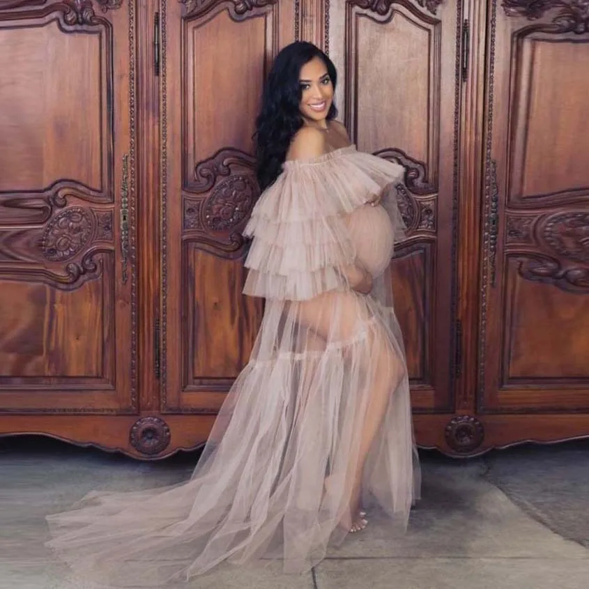 Most Buy md4lX 2019 Fashion See Thru Soft Tulle Evening Party Dress For Pregnant Woman Custom Made Free Side Ruffles Tiered A line Prom Gowns