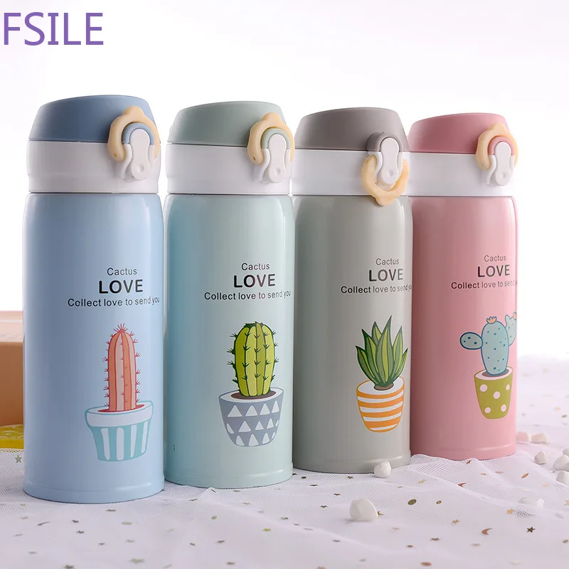 Fsile 350 мл мультфильм 304 нержавеющая сталь отскок Крышка вакуумный термос креативный маленький свежий кактус портативная бутылка для воды