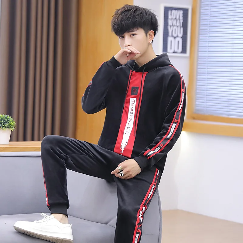 

Gold Velvet Set MEN'S Hoodie Two-Piece 2019 New Style Autumn Trend Students plus Velvet Warm Athletic T-shirt