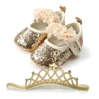 

Baby Girl Sequins Shoes Kid Moccasins Christening Baptism First Walkers Crown Headband Soft Footwear Crib Gold Silver Shoes