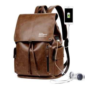 

Fashion Backpacks PU Leather Large Capacity Laptop Bag Multifunction USB Charge School Bag Casual Solid Color Men