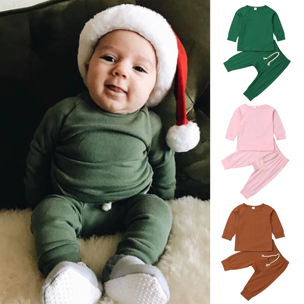 

0-24M Newborn Kids Baby Boy Girl Clothing Solid Color Pajamas Set Cotton Sleepwear Nightwear Cute Clothes Outfit home wear