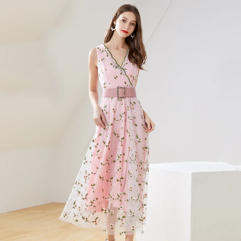 Socialite; вставка из сетчатого материала с вышивкой и розовым бантом Maxi dress Vestidos Mujer Verano длинное пляжное платье, праздничное платье халат Longue Femme K6294