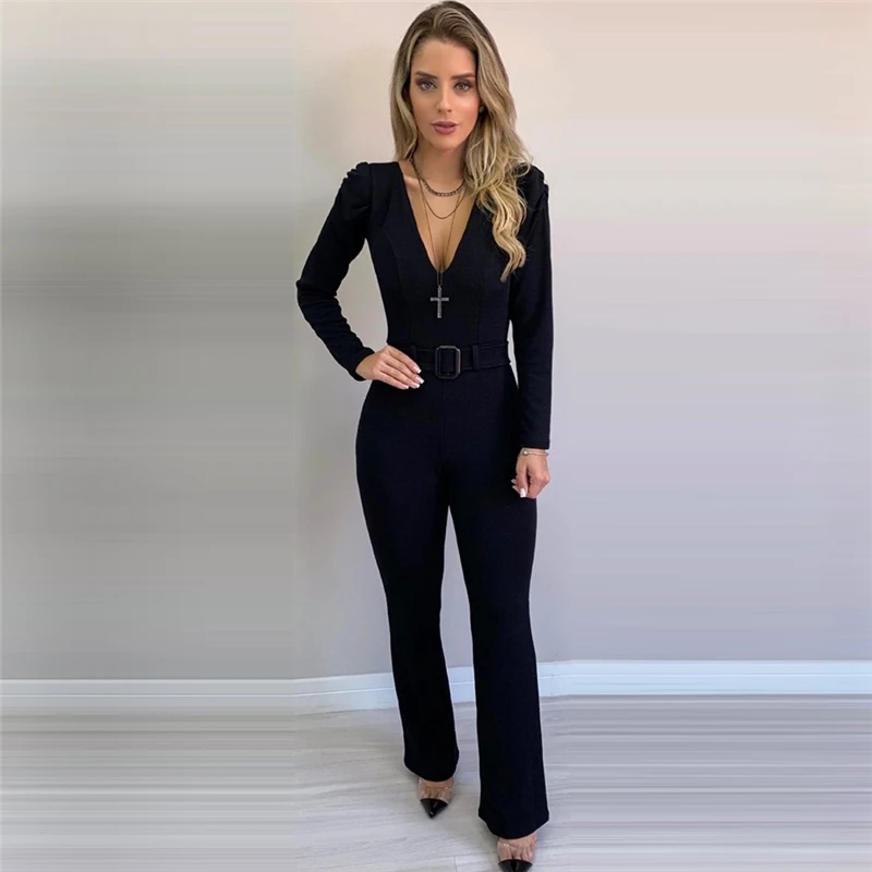 

Fashion Autumn Women Deep V Neck Jumpsuit Playsuit Long Sleeve Slim High Waist Puff Sleeve Jumpsuit Romper Overalls