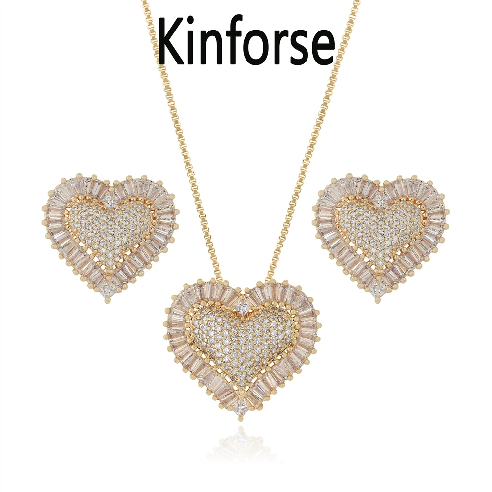 

Kinforse Charm Heart Jewelry Set Full Pave CZ Zircons Necklace Earrings Set Stereo Heart Set for Women Fashion Jewelry GY0011722