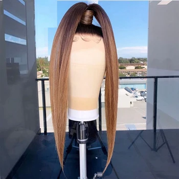 

Glueless Long Ombre Brown 1B30 Colored Silky Straight Hair Lace Front Synthetic Wigs For Black Women Bundles With Closure