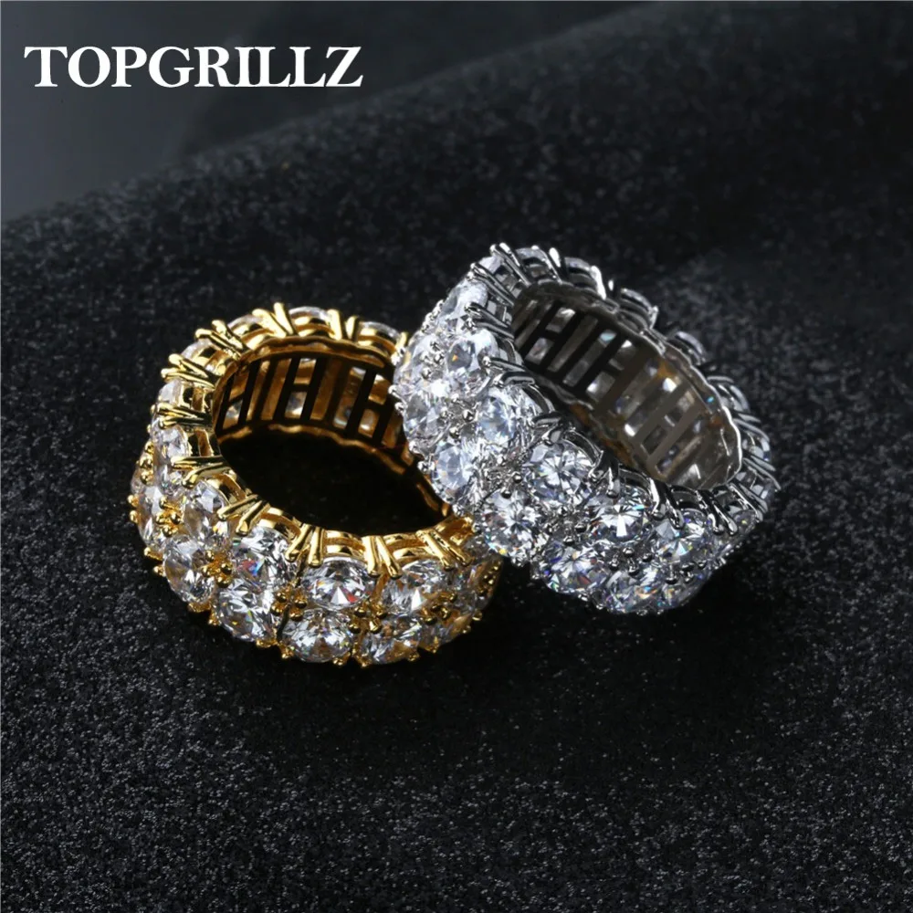 

2 Row CZ Solitaire Ring For Men/Women Gold/Silver Color Iced Out Charm Round Ring Band Classic Hip Hop Jewelry For Gifts S0528