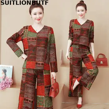 

Perfect Quality Plus Size Cotton And Linen Two Piece Set Indie Folk Pullover Loose Print Top Drawstring Wed Leg Pants Ropa Mujer